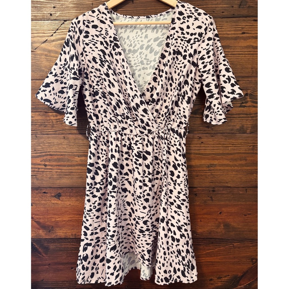 Cheetah Print Mini Dress Womens M Pink Black Faux Wrap Boho Flirty Romantic Chic